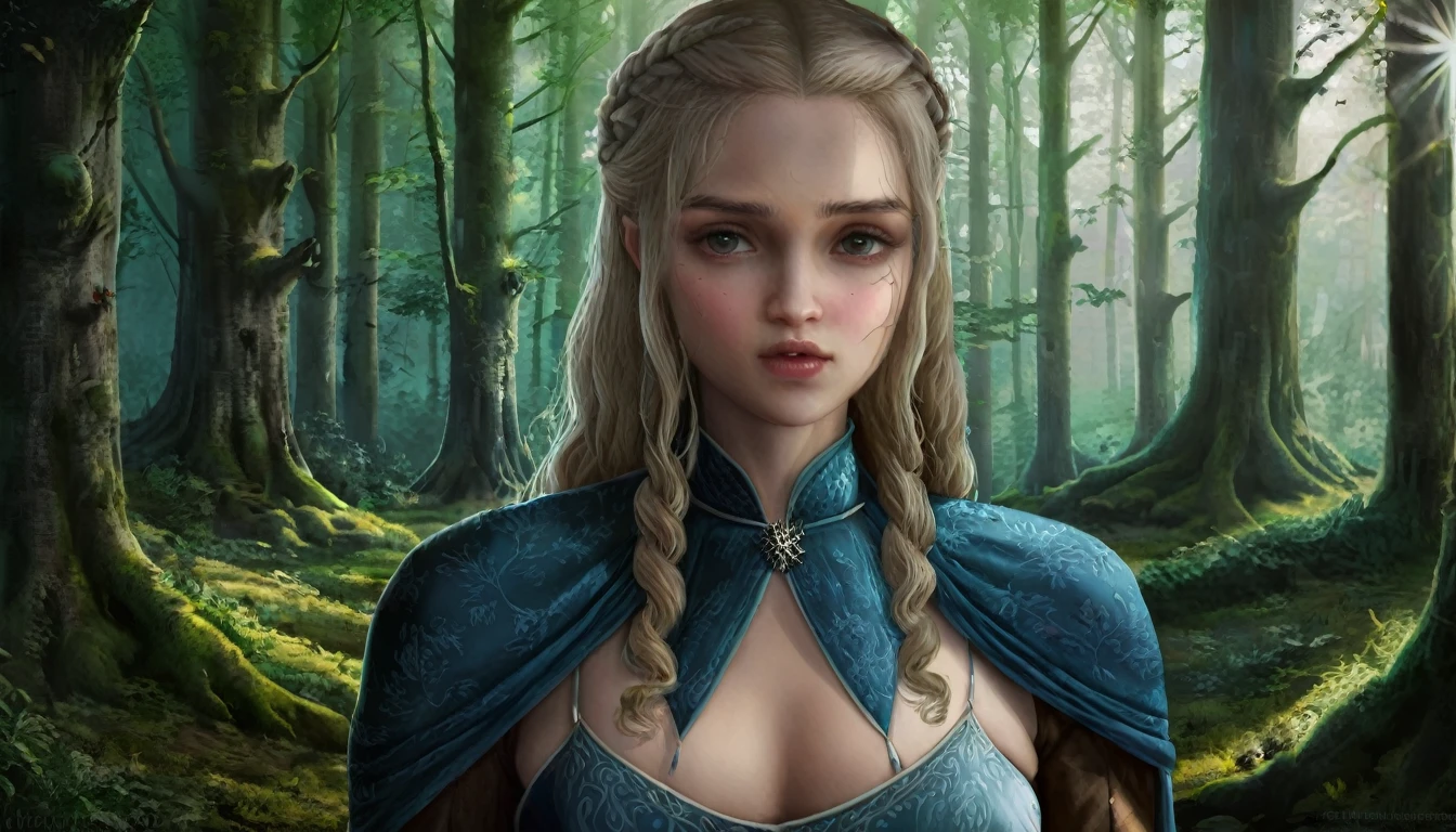 High quality, detailed medieval portrait of a beautiful girl with a mysterious cinematic feel, inspired by the movie "Game of Thrones", behind her a forest appears, portrait