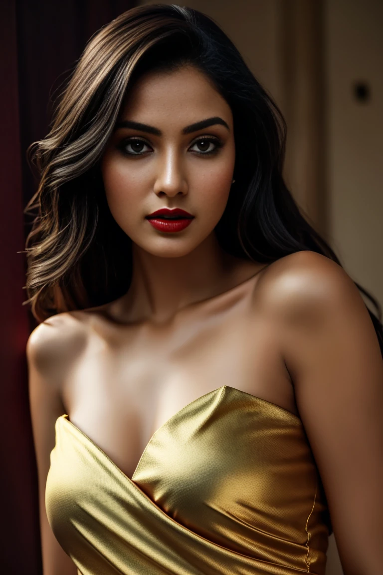 Ultra realistic cinematic soft light and ultra detailed red hour portrait,1girl in, age19, Solo, Long hair, Colossal , Looking at Viewer, black hair, Bare shoulders, Brown eyes, Full body, off shoulders, saree, Realistic, A sexy, 4K, max quality, small breasts, super sharp image, 8K, beautiful pose, playboy model, photo session, red lips, headshot, masterpiece, sex bomb, kashmiri, detailed body, Egyptian dress, chewing lips, highly detailed, seducing, seductive,face only, perfect lightening, white skin, good bright lightening, beach , dancing