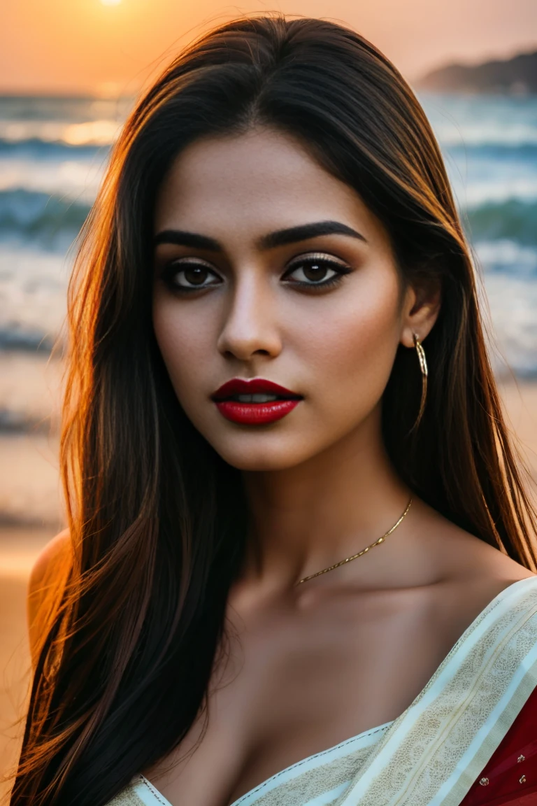 Ultra realistic cinematic soft light and ultra detailed red hour portrait,1girl in, age19, Solo, Long hair, Colossal , Looking at Viewer, black hair, Bare shoulders, Brown eyes, Full curvy body, off shoulders, saree, Realistic, A sexy, 4K, max quality, small breasts, super sharp image, 8K, beautiful pose, playboy model, photo session, red lips, headshot, masterpiece, sex bomb, kashmiri, detailed body, Egyptian dress, chewing lips, highly detailed, seducing, seductive,face only, perfect lightening, white skin, good bright lightening, beach , dancing face lusty smile