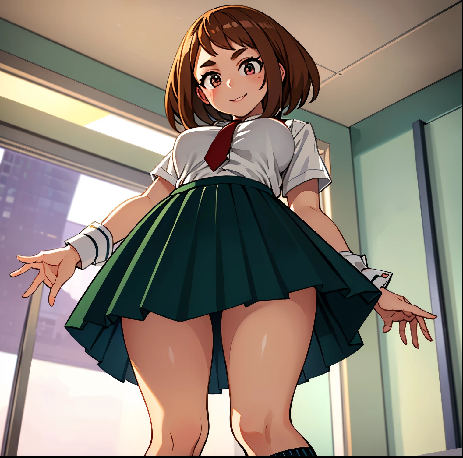 ((1girl)),((alone)),ochako uraraka,(masterpiece), (best quality), (ultra detailed), (best illustration), (best shadow), (absurdities), sharp focus, cowboy shot , dynamic posture looking at the viewer, big breasts, narrow waist, wide hips, wide thighs, round butt, erotic, romantic, (very detailed eyes, lips 1.1), very detailed eyes, eyes, Very detailed face, Very beautiful face, height full, beautiful slim figure, femininity, expressive appearance, elastic big breasts, sexuality, brown eyes, bright lips, brown hair, medium hair, shiny skin, collared shirt, ((white shirt)), ((red tie)), tight shirt, ((neckline)), short sleeve, ((green skirt: 1.3)), (short skirt), tight skirt, (socks: 1.2), (black socks: 1.1), brown loafers, defined body, perfect body and beautiful, perfect and beautiful, closed mouth, smile, happy smile, blushing, (sexy pose: 1.2), ((only)), standing: 1.3, indoor, school, classroom, desks, school, window, sunset, looking forward, ((focus on thighs)), point of view: (from below), perfect anatomy, perfect hands