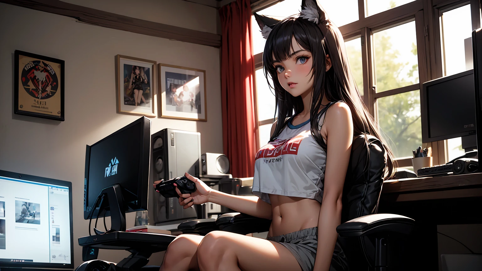 Design a stunning image of a 20-year-old wolf girl with tan skin, long greyish hair, and beautiful, expressive eyes. She is wearing a cute crop top that reveals her midriff and comfy sleep shorts, accentuating her perfect figure. The girl is seated in a modern gaming chair within a dimly lit room, with an open window letting in a soft night breeze. She is facing the camera with a joyful and slightly seductive look. Her room is decorated with modern nerdy items, showcasing her love for video games and anime. This includes a high-end gaming PC, sleek gaming desk, ergonomic gaming chair, the latest gaming console, and stylish anime posters and figurines. The image should be of high-quality visual artistry, with detailed elements, capturing a cozy and alluring environment.