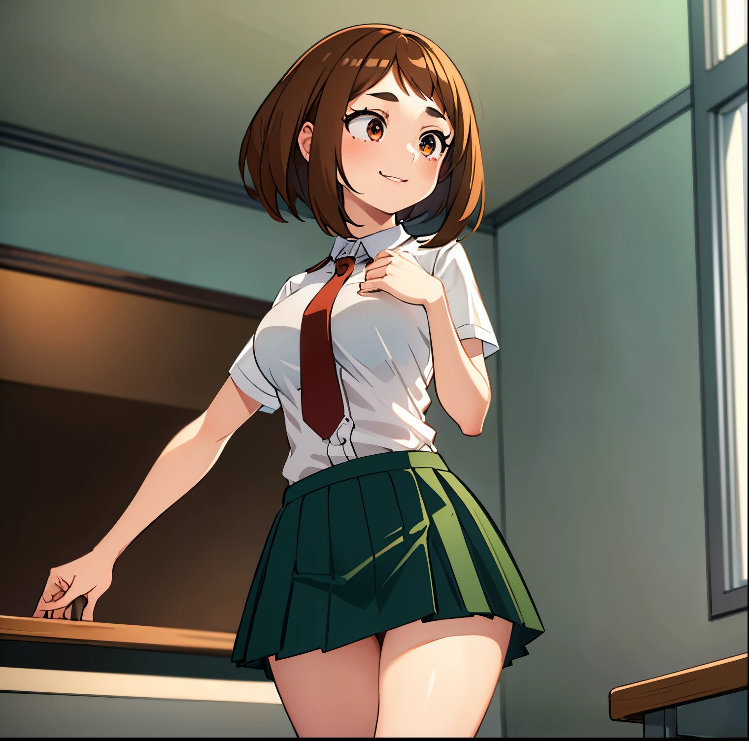 ((1girl)),((alone)),ochako uraraka,(masterpiece), (best quality), (ultra detailed), (best illustration), (best shadow), (absurdities), sharp focus, cowboy shot , dynamic posture looking at the viewer, big breasts, narrow waist, wide hips, wide thighs, round butt, erotic, romantic, (very detailed eyes, lips 1.1), very detailed eyes, eyes, Very detailed face, Very beautiful face, height full, beautiful slim figure, femininity, expressive appearance, elastic big breasts, sexuality, brown eyes, bright lips, brown hair, medium hair, shiny skin, collared shirt, ((white shirt)), ((red tie)), tight shirt, ((neckline)), short sleeve, ((green skirt: 1.3)), (short skirt), tight skirt, (socks: 1.2), (black socks: 1.1), brown loafers, defined body, perfect body and beautiful, perfect and beautiful, closed mouth, smile, happy smile, blushing, (sexy pose: 1.2), ((only)), standing: 1.3, indoor, school, classroom, desks, school, window, sunset, looking forward, ((focus on thighs)), point of view: (from below), perfect anatomy, perfect hands