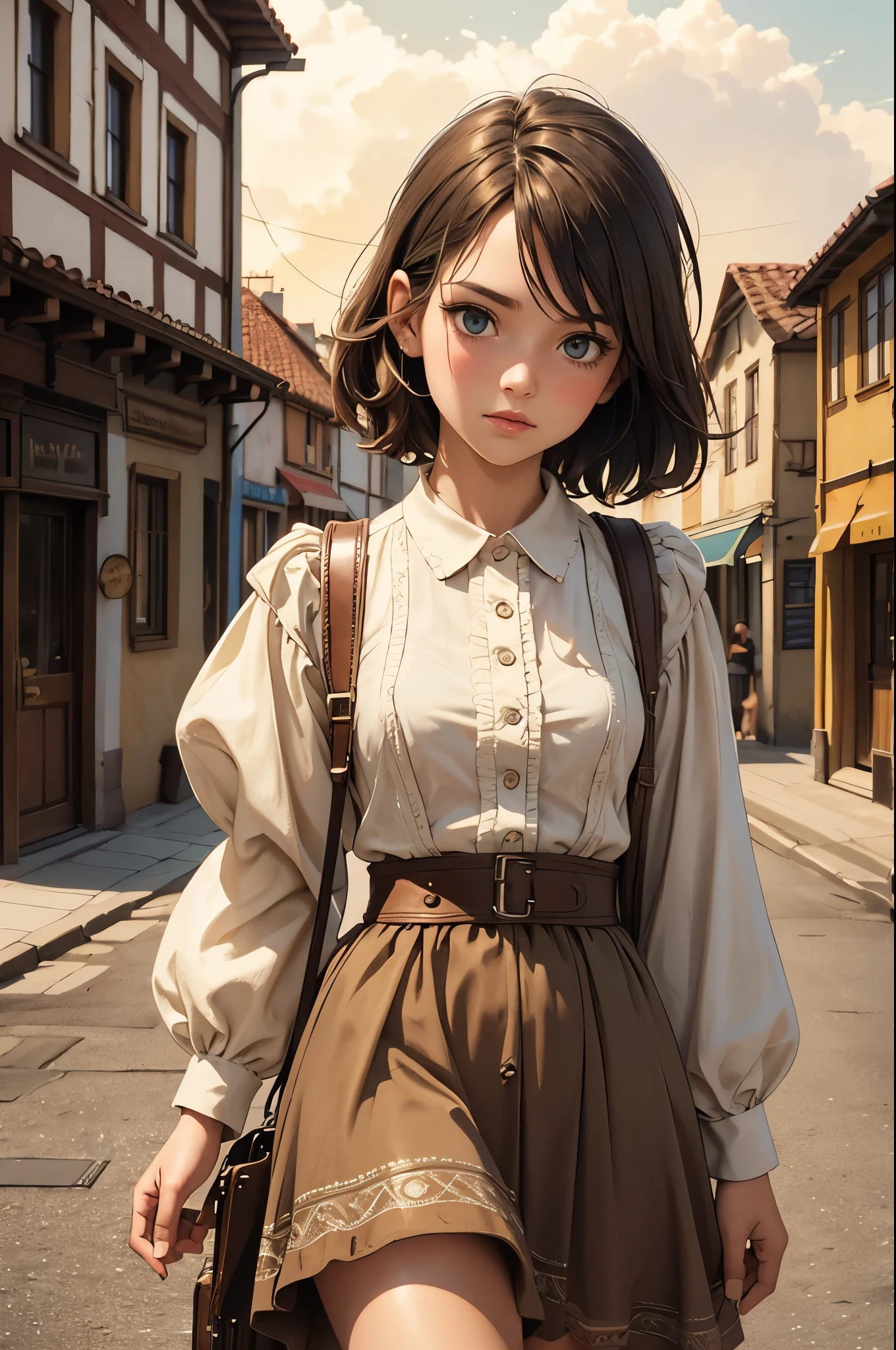realistic, modern analog photo, full body shot, (detailed cute face and eyes), skyscape with clouds, nightfall, cute woman, small european town in 1910, short windblown skirt, soft steampunk aesthetic, short hair, smoke particles, intricate small details, dynamic, sexy, pleasure, wishmaster, depth of field, 35mm, film grain, faded colours, sepia, lomography photo, isometric, extremely detailed