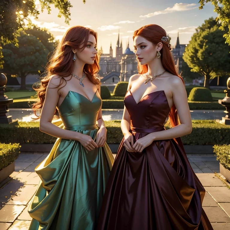 (masterpiece, best quality:1.5), highest quality, High resolution, super detailed, Realists, Full body photo of red-haired woman, detailed and beautiful eyes, beautiful detailed lips, very detailed eyes and face, longeyelashes, Woman in evening dress made of shiny satin, Beautiful and colorful makeup, elegant and noble々The jewelry bag, Gardens as background, soft daylight, bright colors, fine brushstrokes, Portrait style, Silk dress fabric, beautiful color palette, glowing skin, First-class rendering, that captures every detail, enchanting atmosphere, subtle shadows and lights, (perfect anatomy:1.2), (Two stunning women look flirtatious:1.4), (magnificent panorama view:1.2)