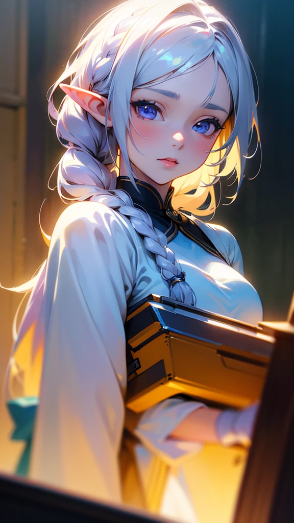 beautiful young elf girl, , adorable, downward-pointing ears, long flowing white hair with braids, pale white skin, blue and purple eyes, wearing a simple white dress, basic brown tall boots, character design, anime style, high definition, (best quality,4k,8k,highres,masterpiece:1.2),ultra-detailed,(realistic,photorealistic,photo-realistic:1.37),HDR,UHD,studio lighting,ultra-fine painting,sharp focus,physically-based rendering,extreme detail description,professional,vivid colors,bokeh