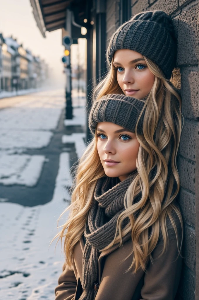 proFessional portrait photograph oF a gorgeous Norwegian girl in winter clothing with long wavy blonde hair, sultry Flirty look, gorgeous symmetrical Face, joli maquillage naturel, wearing élégant warm winter Fashion clothing, ((debout dehors dans une rue enneigée de la ville)), superbe environnement urbain moderne, Ultra réaliste, art conceptuel, élégant, très détaillé, complexe, sharp Focus, depth oF Field, F/1. 8, 85mm, Coup moyen, plan médian, (((proFessionally color graded))), bright soFt diFFused light, (volumetric Fog), tendance sur Instagram, hdr 4k, 8k