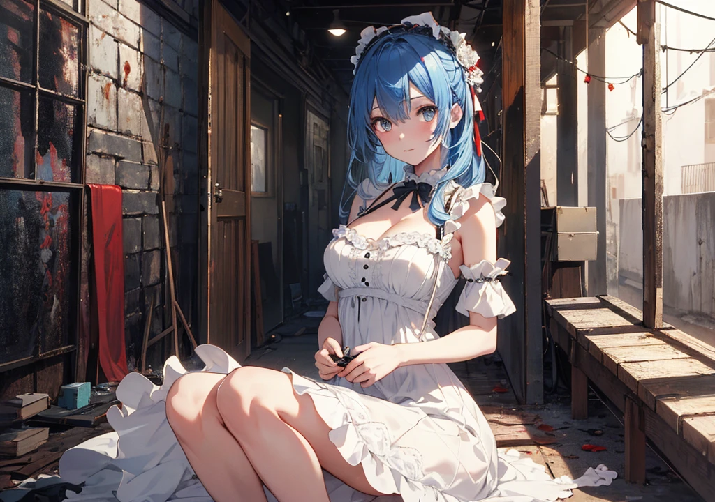Realistic photos, Focus distance 10mm, Red and white, Beautiful girl, Realistic photos, Shooting at Focus distance 10mm, masterpiece, 最high quality, high quality, Very detailed CG 8k wallpaper unit, Award-winning photography, Depth of written boundary, High resolution, bloom, chromatic aberration, Realistic, Very detailed, Art Station Trends, CGsociety Trends, Complex, High detail, dramatic, Art on the go, volumetric lighting, A beautiful girl with blue hair and a bloody white dress confronts a zombie roaming in an old basement