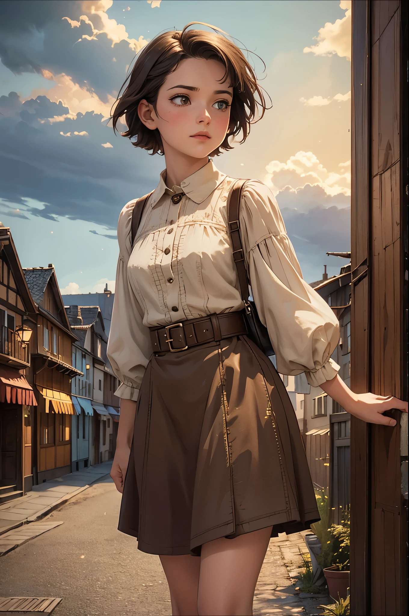 realistic, modern analog photo, full body shot, (detailed cute face and eyes), skyscape with stars and clouds, nightfall, cute woman, small european town in 1910, short windblown skirt, soft steampunk aesthetic, short hair, smoke particles, intricate small details, dynamic, sexy, pleasure, wishmaster, depth of field, 35mm, film grain, faded colours, sepia, lomography photo, isometric, extremely detailed