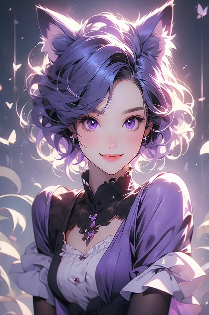 violet catgirl, portrait, cat ears, short hair, android, smiling