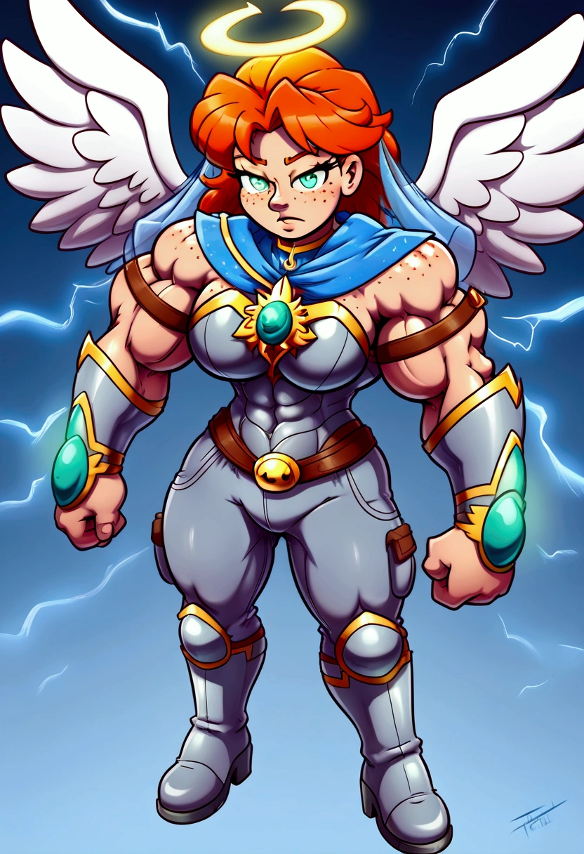 a_mighty_female_Valkyrie (((strong big muscles, heavy weighted))) a_sisters_veil_on_head (a navy blue veil) skin_color ((light brown skin with freckles on face)) eye_color ((eyes are green)) hair_color (brown and orange hair) armor_for_torso (silver gray armor) pants ((bell bottom pants blue)) high_heel_boots (white high heel boots) super_power_of_lightning ((casting lightning from hands)) (((masterpiece, Best quality, amazing, beautiful, heroic, saving the day, high resolution, angel wings)))