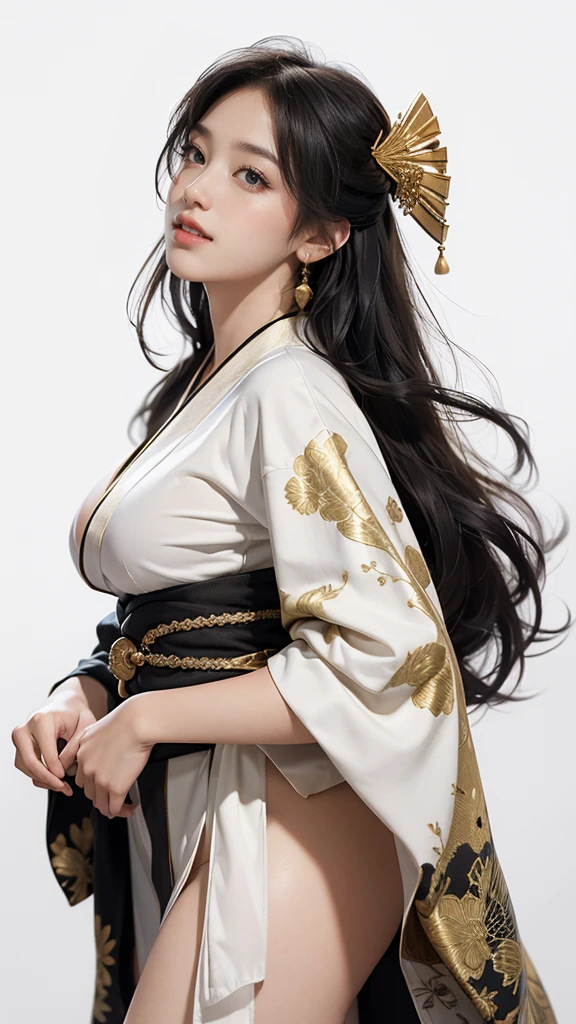 master piece,　best quality,　ultra detailed,　photorealistic,　voluptuous,　****ung girl,　fair skin,　pale skin,　long hair,　black hair,　smile,　mega breasts,　gorgeous bluck kimono,　cowboy shot,　looking up,　white background,　Glittering black and gold kimono：1.2,　No exposed skin