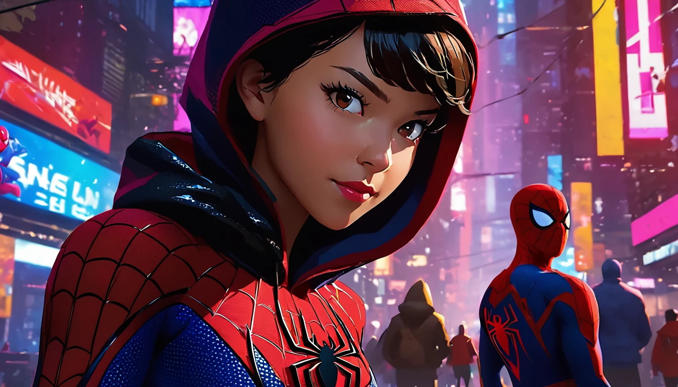 woman spider man - spider - man and spider - man in a dark city, spider - verse art style, into the spiderverse, spiderverse, into the spider verse, futuristic style spiderman, miles morales!!!, 3840 x 2160, 3840x2160, miles morales, hq 4k wallpaper, rendered in sfm, super detailed render