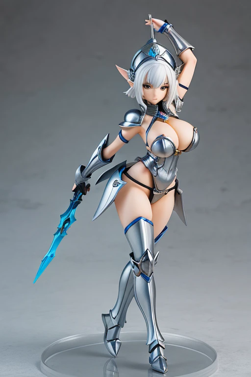 figure of warrior, sexy pose, big breasts, servo armor, short white hair, elf earns, conical hat