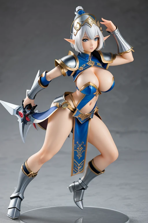 figure of warrior, sexy pose, big breasts, servo armor, short white hair, elf earns, conical hat