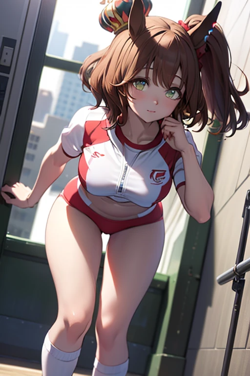 ((Extremely detailed)),(Very detailed), Very detailed CG ユニティ 8k 壁紙,Highest quality, masterpiece,masterpiece, Highest quality,
Aston Machan \(umamusume\),
running, Red hat crown,
Gym suit, red buruma, White shirt, clavicle,Thighs,whole body,Knee socks
