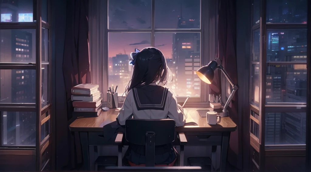 Back view、night、Anime girl sitting at a desk in front of a window with a city view, Anime Background art, Anime Aesthetics, Anime Background, Anime atmosphere, anime wallpaper 4k, anime wallpaper 4k, Anime Aesthetics, 4k anime wallpaper, anime art wallpaper 4k, anime art wallpaper 4k, Anime Art Wallpapers 8K, Anime Girl Desktop Backgrounds, Awesome Wallpapers