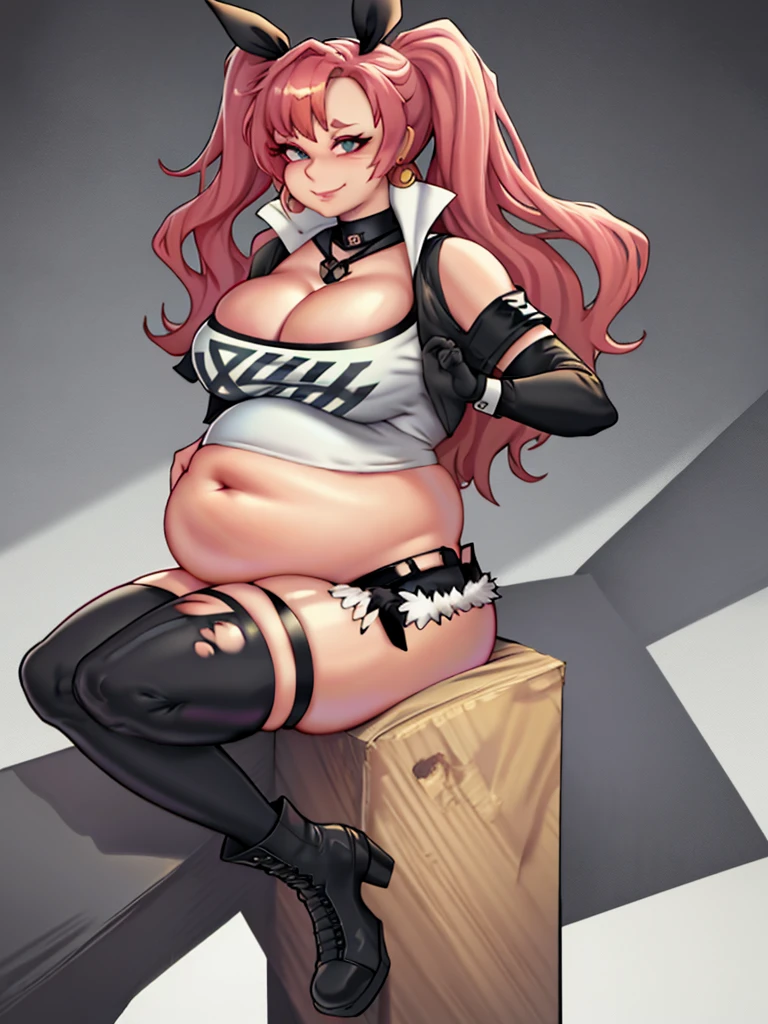 art by kipteitei, nicole demara, black footwear, black ribbon, black shorts, black socks, black thighhighs, boots, cleavage, crop top, earrings, jewelry, kneehighs, nail polish, necklace, o-ring, short shorts, shorts, single kneehigh, single sock, single thighhigh, socks, thigh strap, thighhighs, torn clothes, two side up,  chubby body, pot belly, intimate, looking to the right, gentle smiling face, in nature, cartoon, hands behind body, no extra details, no extra fingers, 1girl, 25 year old