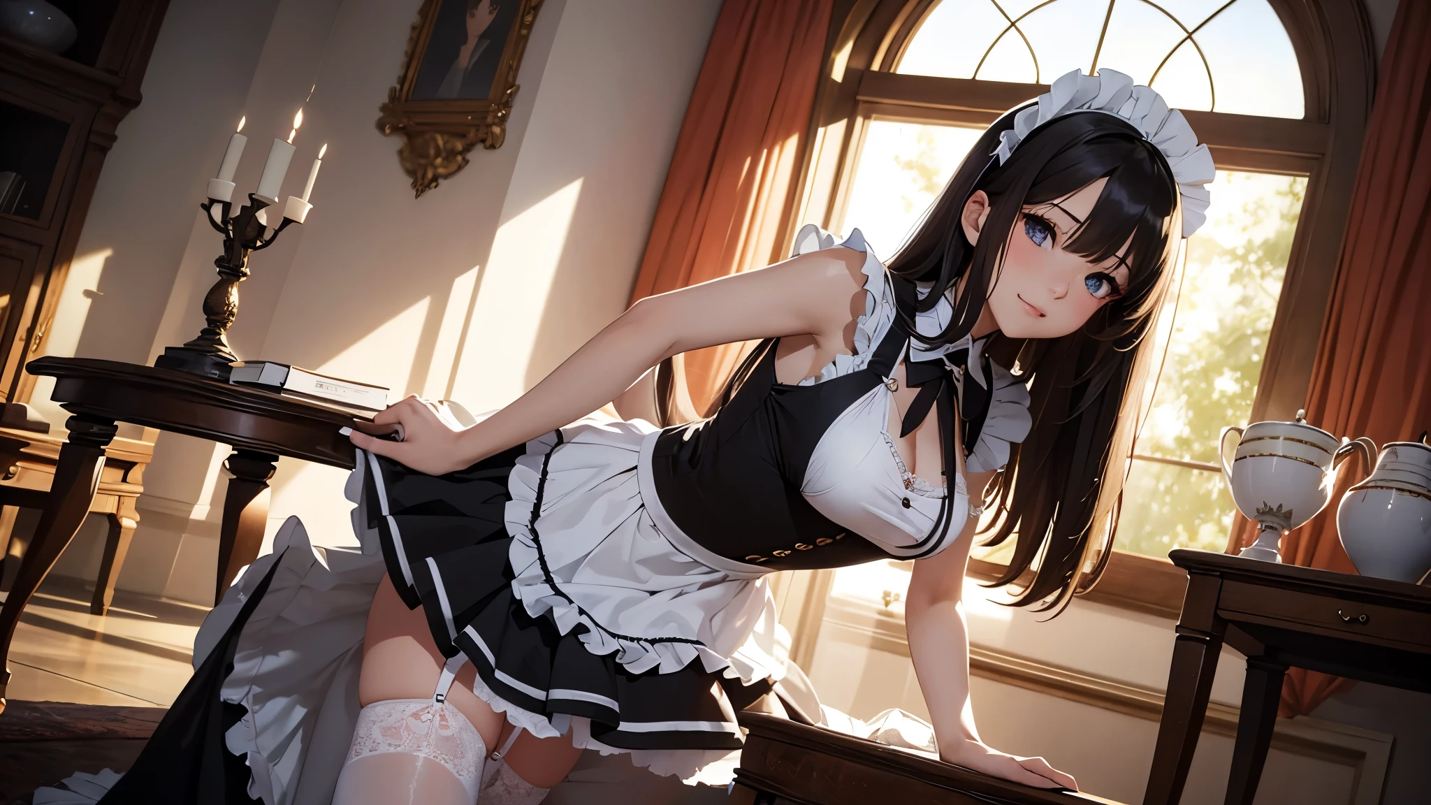 (tmasterpiece, high resolution,ultra - detailed:1.0),1 girl,Young and beautiful women,eye looking to camera,Perfect female body, , Extremely detailed CG,Unity 8k wallpaper,Complicated details, solo person, (skimpy Maid clothes), French Maid Open Uniform, short skimpy Maid dress, lace stockings, color difference, Depth of field,dramatic shadow, Ray tracing, Best quality, Cinematic lighting, Beautiful young maid, manipulative cunning, sly dominant maid, cruel, deceitful, fake smiles, secretly despite you,