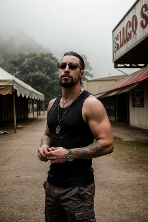 promotional photo in the middle of an abandoned fair for advertising photography of a rock band, aggressive look, heavy rock band, slaughterhouse, band promotion, portrait photo, Profile picture, pro life, promotional photo of the band, threatening look, Photoshoot, Tennessee, promotional shot, proto-metal band promotion, ohio, by Nándor Katona athletic male guitarist, strong, marked muscles, high, extended goatee, goatee larga, hairless, calvo, sleeveless t-shirt, rings, clock, dark lens, brown cargo shorts, flip flops, tiro de la fotografía desde arriba high, the complete bodies can be seen, fog, gloomy
