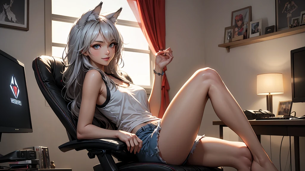 Illustrate a beautiful 20-year-old wolf girl with tan skin and long, flowing greyish hair. She has bright, captivating eyes and is dressed in a cute tank top that shows her midriff, paired with sleep shorts. She is seated in a modern gaming chair in a dimly lit room with an open window, letting a gentle night breeze in. The wolf girl is posing playfully, with a big, happy smile and a touch of sexiness. Her room is adorned with modern nerdy items that reflect her passion for video games and anime, including a high-end gaming PC, sleek gaming desk, ergonomic gaming chair, the latest gaming console, and stylish anime posters and figurines. The image should showcase high-quality visual artistry, with intricate details, creating a cozy and inviting atmosphere.