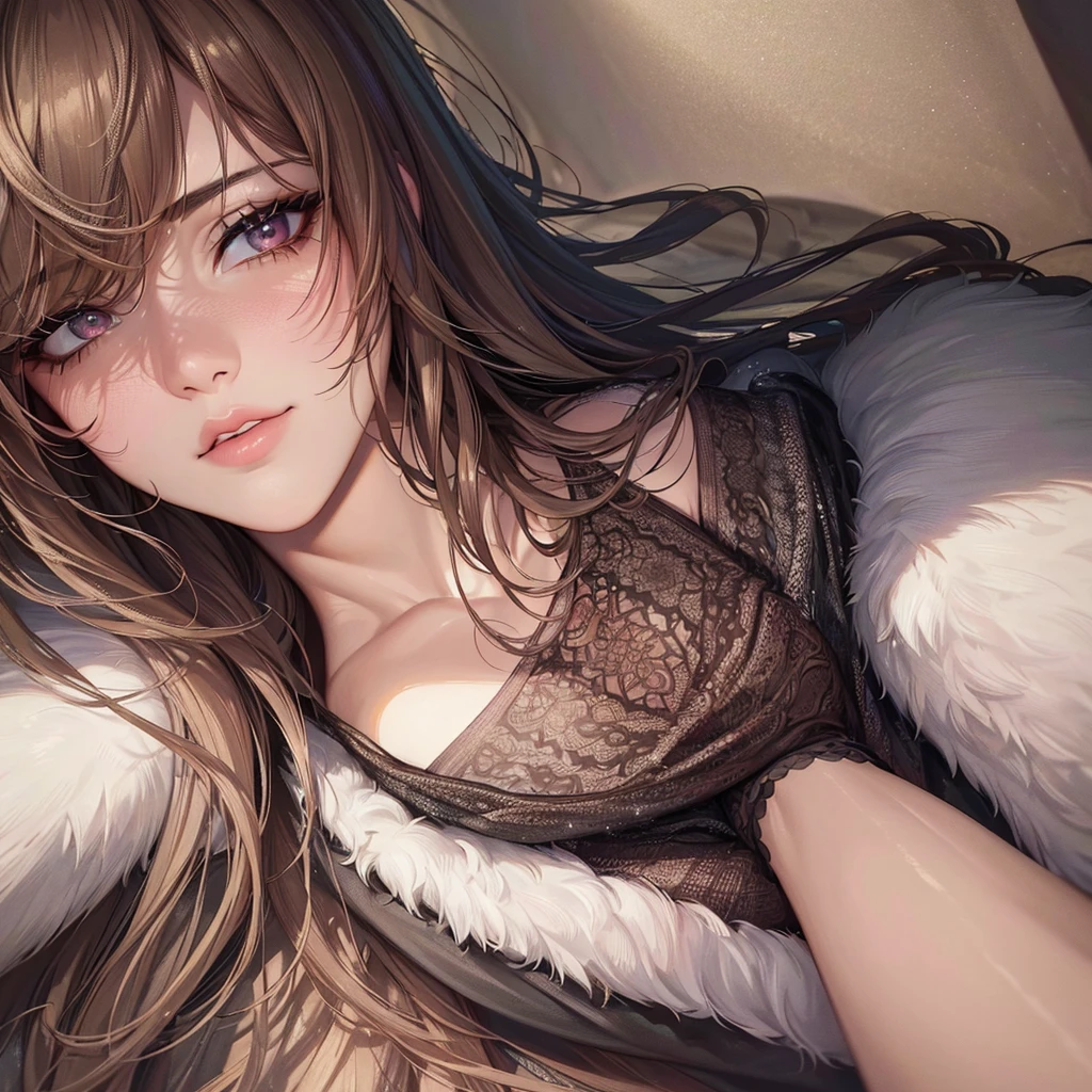 a beautiful woman laying on a bed, the bed is filled with thick, lush fur coats, the woman is completely wrapped in the fur coats, struggling to escape but is unable to as the coats have completely enveloped her body, the fur coats are massive, thick and in various colors, (best quality,4k,8k,highres,masterpiece:1.2),ultra-detailed,(realistic,photorealistic,photo-realistic:1.37),extremely detailed face and eyes,beautiful detailed lips,longeyelashes,intricate fabric textures,warm lighting,cinematic composition,rich color palette,chiaroscuro lighting,dramatic lighting, the fur is massive and there is lot of fur not just regular tissu just fur