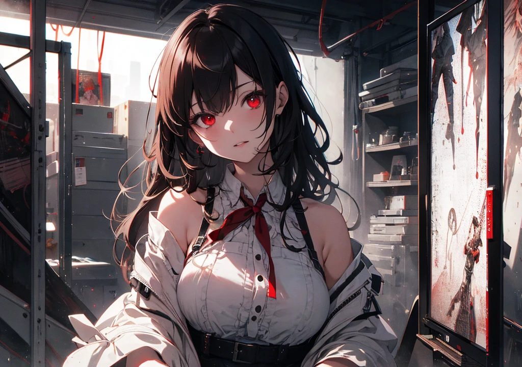 Realistic photos, Focus distance 10mm, Red and white, Beautiful girl, Realistic photos, Shooting at Focus distance 10mm, masterpiece, 最high quality, high quality, Very detailed CG 8k wallpaper unit, Award-winning photography, Depth of written boundary, High resolution, bloom, chromatic aberration, Realistic, Very detailed, Art Station Trends, CGsociety Trends, Complex, High detail, dramatic, Art on the go, volumetric lighting, Beautiful girl surrounded by zombies in a dark basement, red eyes, black hair, spooky vibe