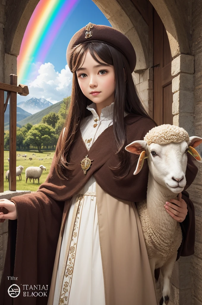 Devotional book cover . A beautiful in a capo with sheep, In the sky a beautiful rainbow