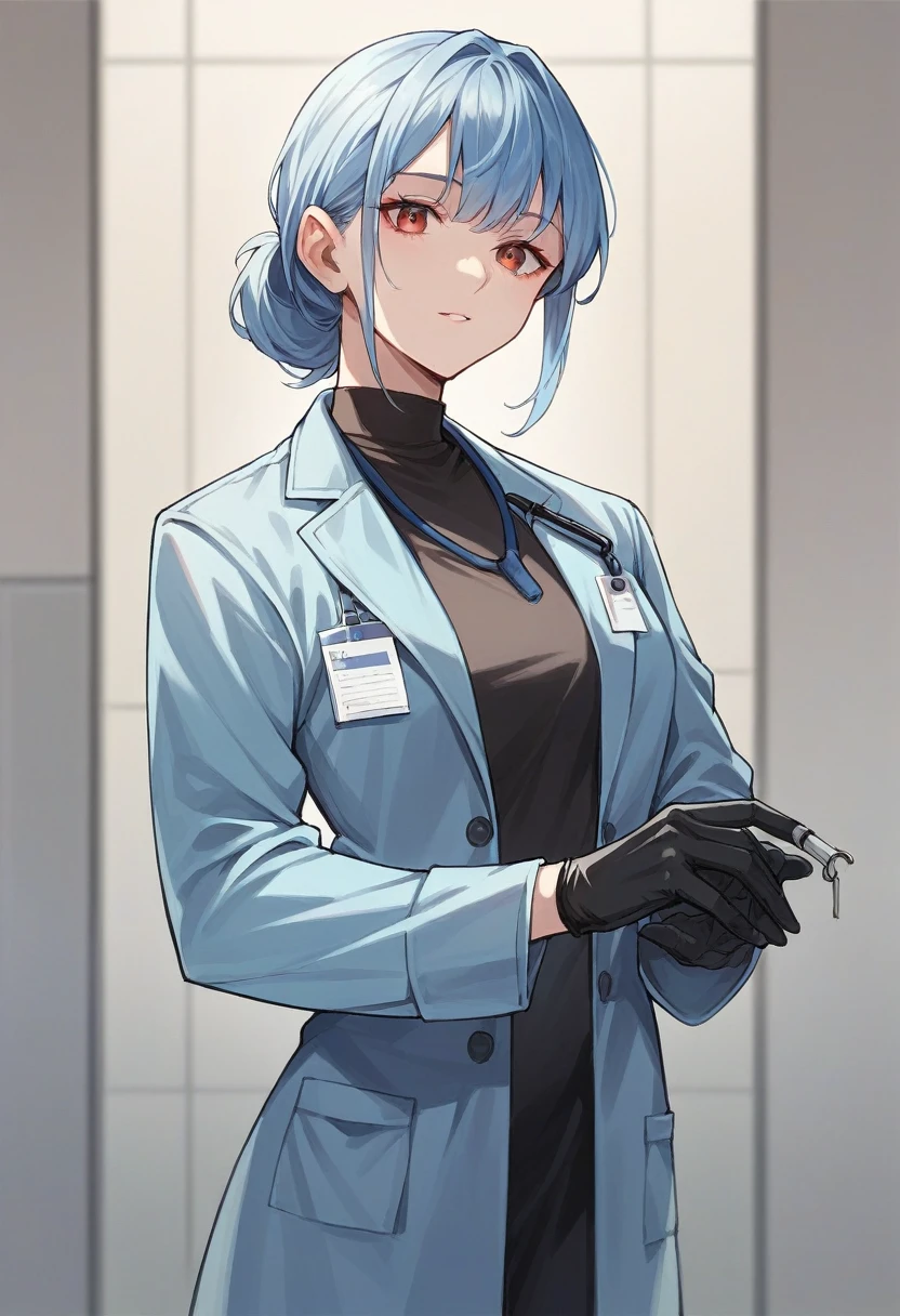 1girl, bangs, ((black medical gloves)), ((((long sleeves)))), looking at viewer, ((blue doctor outfit)), standing, solo