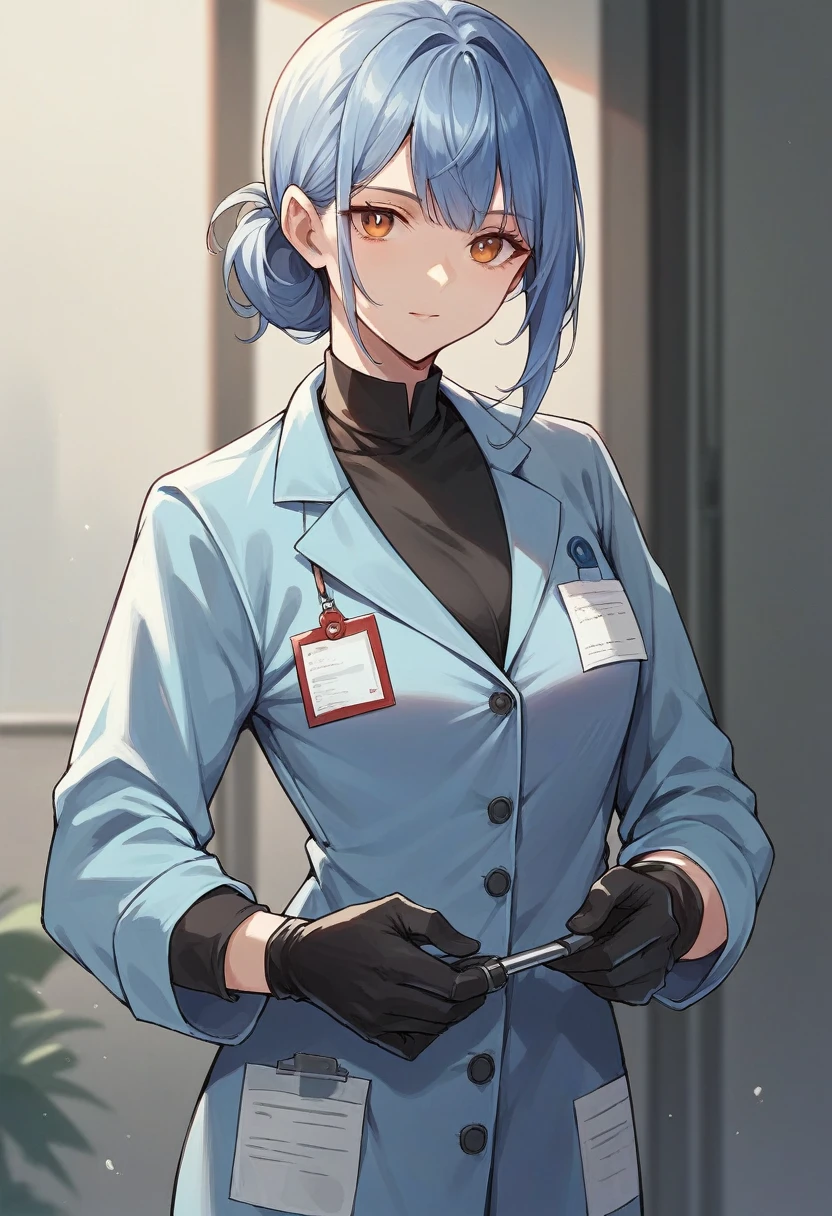 1girl, bangs, ((black medical gloves)), ((((long sleeves)))), looking at viewer, ((blue doctor outfit)), standing, solo
