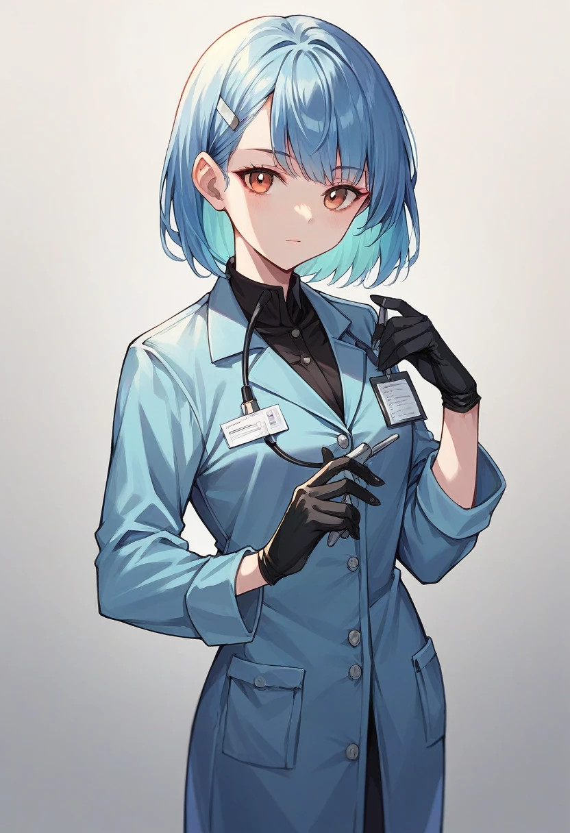 1girl, bangs, ((black medical gloves)), ((((long sleeves)))), looking at viewer, ((blue doctor outfit)), standing, solo