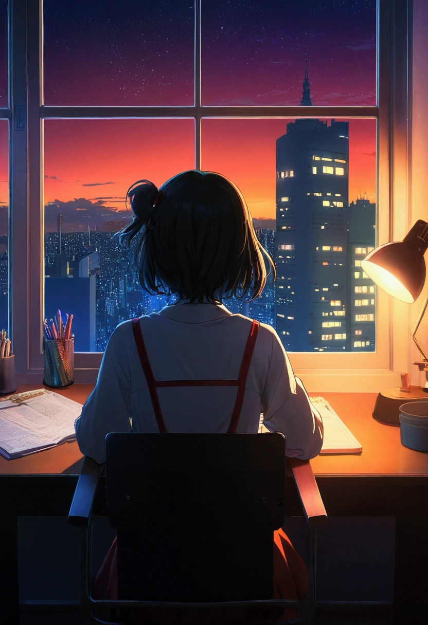 Back view、night、Anime girl sitting at a desk in front of a window with a city view, Anime Background art, Anime Aesthetics, Anime Background, Anime atmosphere, anime wallpaper 4k, anime wallpaper 4k, Anime Aesthetics, 4k anime wallpaper, anime art wallpaper 4k, anime art wallpaper 4k, Anime Art Wallpapers 8K, Anime Girl Desktop Backgrounds, Awesome Wallpapers