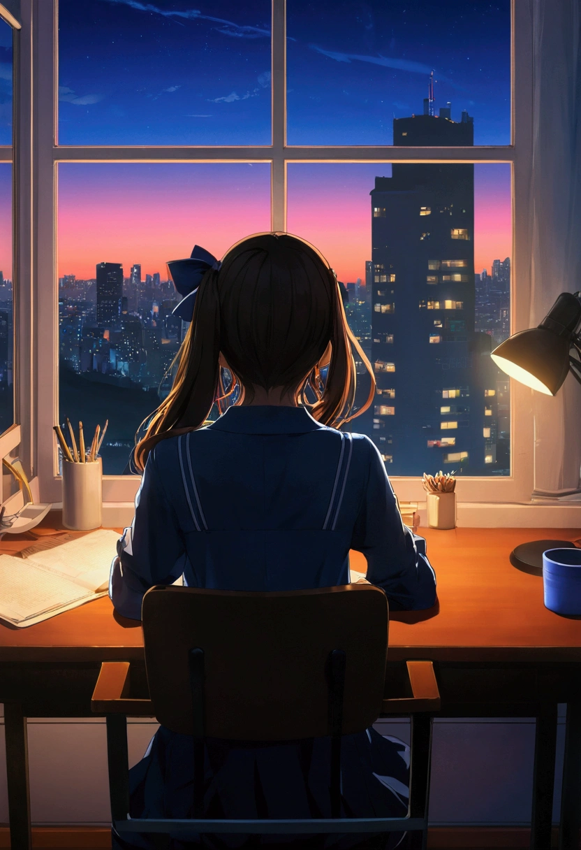 Back view、night、Anime girl sitting at a desk in front of a window with a city view, Anime Background art, Anime Aesthetics, Anime Background, Anime atmosphere, anime wallpaper 4k, anime wallpaper 4k, Anime Aesthetics, 4k anime wallpaper, anime art wallpaper 4k, anime art wallpaper 4k, Anime Art Wallpapers 8K, Anime Girl Desktop Backgrounds, Awesome Wallpapers