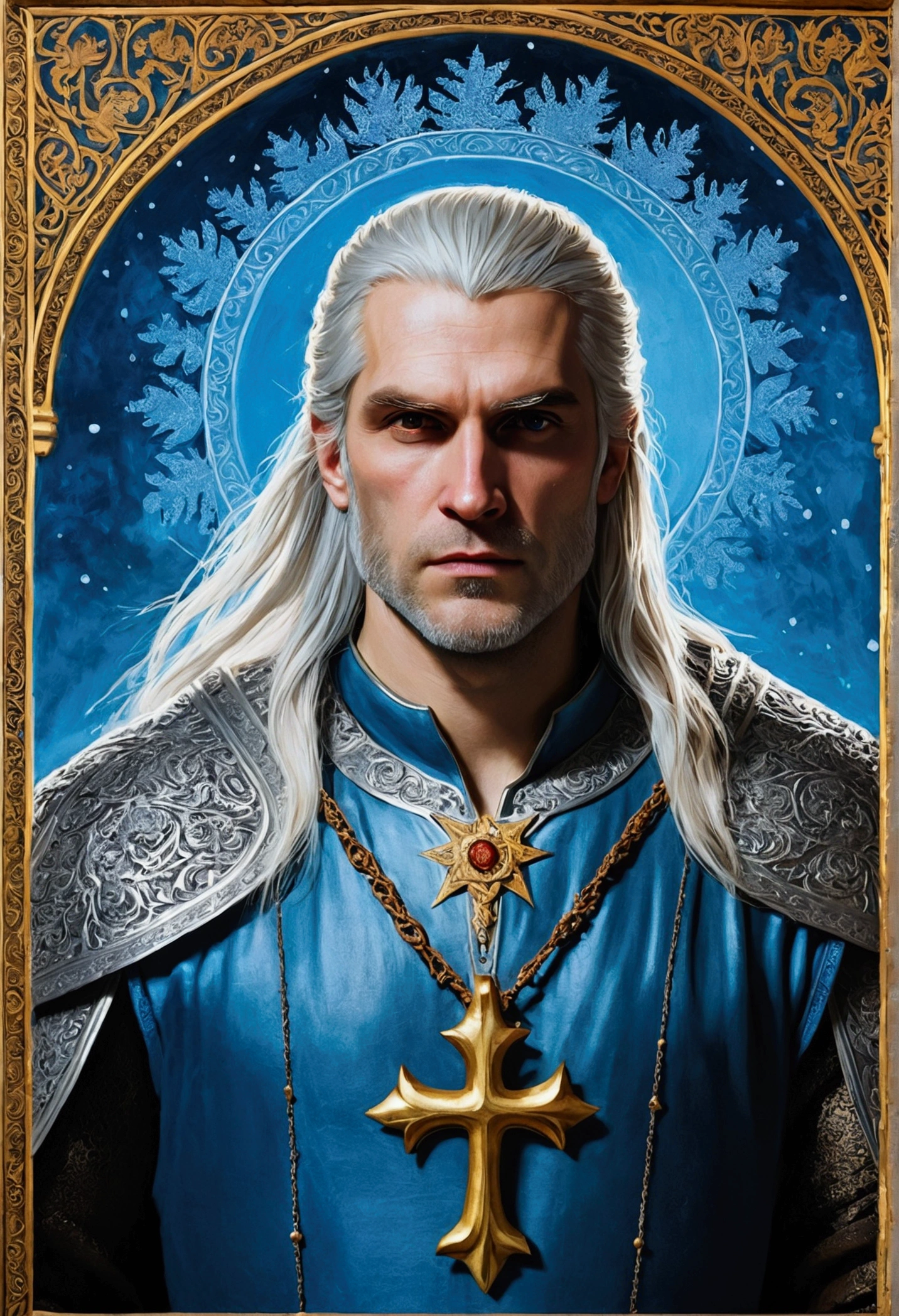 ((Лучшее качество)), ((шедевр)), (подробный),Geralt of Rivia, golden long hair, blond, clean face without beard, in the style of an Orthodox icon in blue colour, a halo of ice, a painting, The emperor's clothes, a medieval painting, "Saved by Man-made"