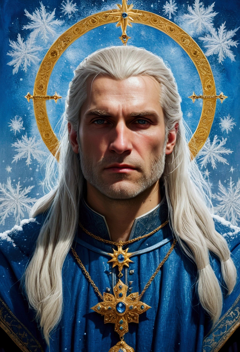 ((Лучшее качество)), ((шедевр)), (подробный),Geralt of Rivia, golden long hair, blond, clean face without beard, in the style of an Orthodox icon in blue colour, a halo of ice, a painting, The emperor's clothes, a medieval painting, "Saved by Man-made"