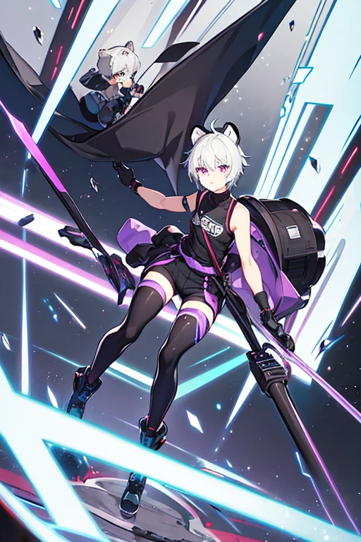 man, gay, short white hair bear ears,purple eyes, motocross goggles , with robotic left arm, black sleeveless shirt, Morados shorts, long tights, with a sweater around my waist, long black gloves, black boots 