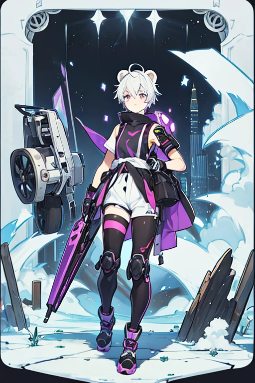 man, gay, short white hair bear ears,purple eyes, motocross goggles , with robotic left arm, black sleeveless shirt, Morados shorts, long tights, with a sweater around my waist, long black gloves, black boots 