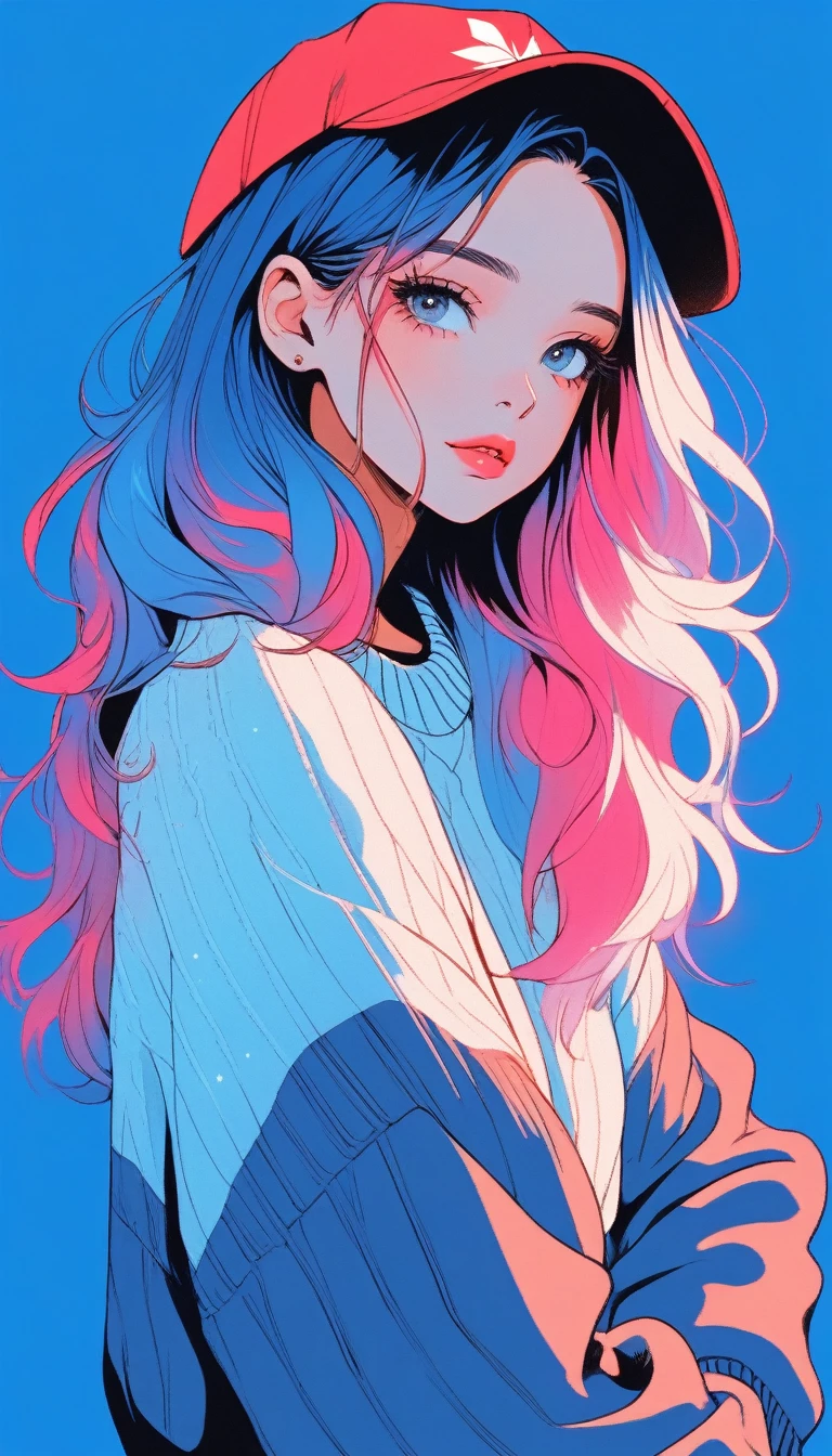 Illustrator, anime , Realistic ,sketch , One girl, ,lip, sweater,order, Blue gradient background, Neon Hair,textured crop, Canadian, (masterpiece,Highest quality)