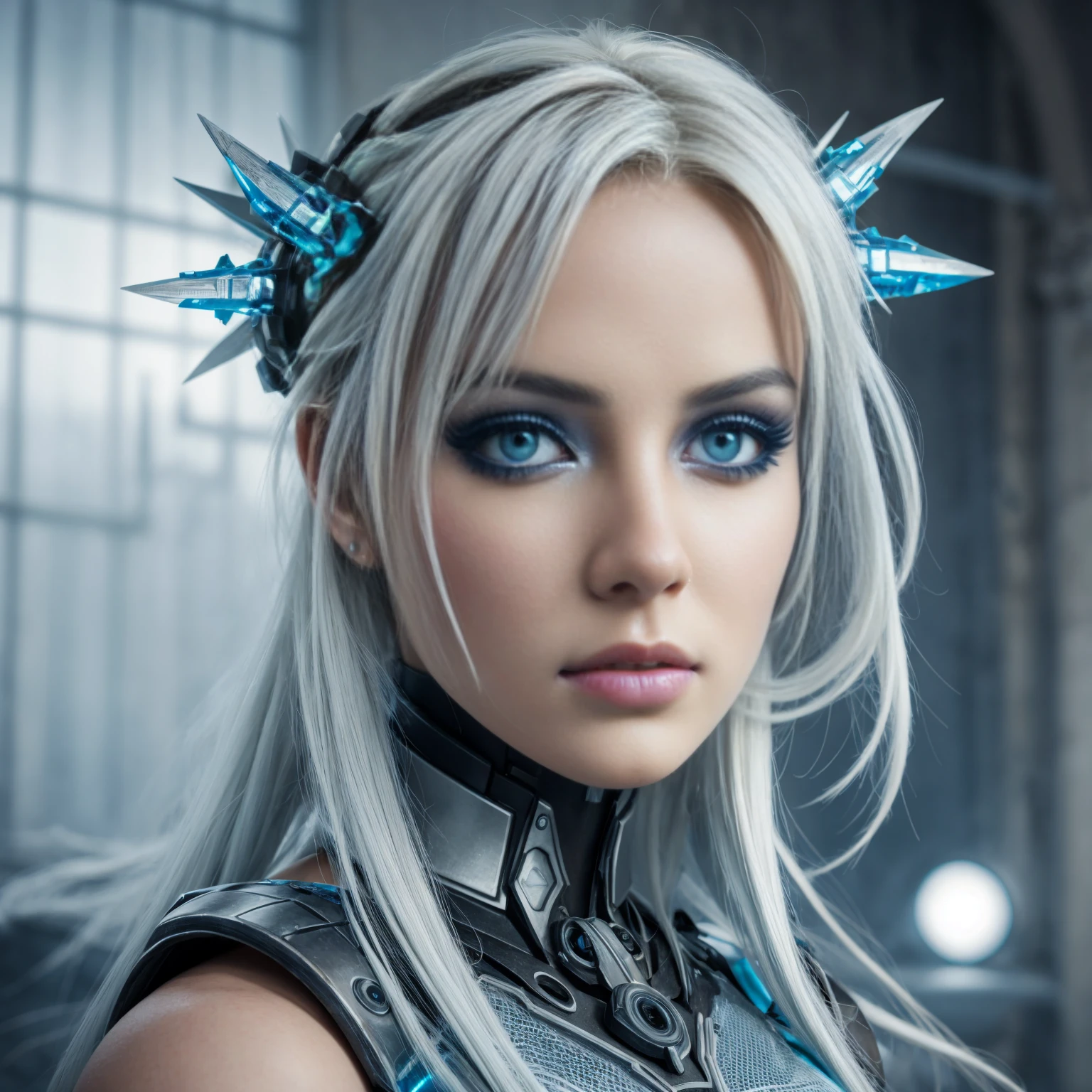 Cybergoth frostpunk queen android science sexy - fi aux yeux bleus, blonde, shutterstock, art numérique, androïde femelle ultra détaillé, dentelle cyborg fin, corps gros - planqué, peau en porcelaine, brume magique de pergélisol, neige, froid, glace.