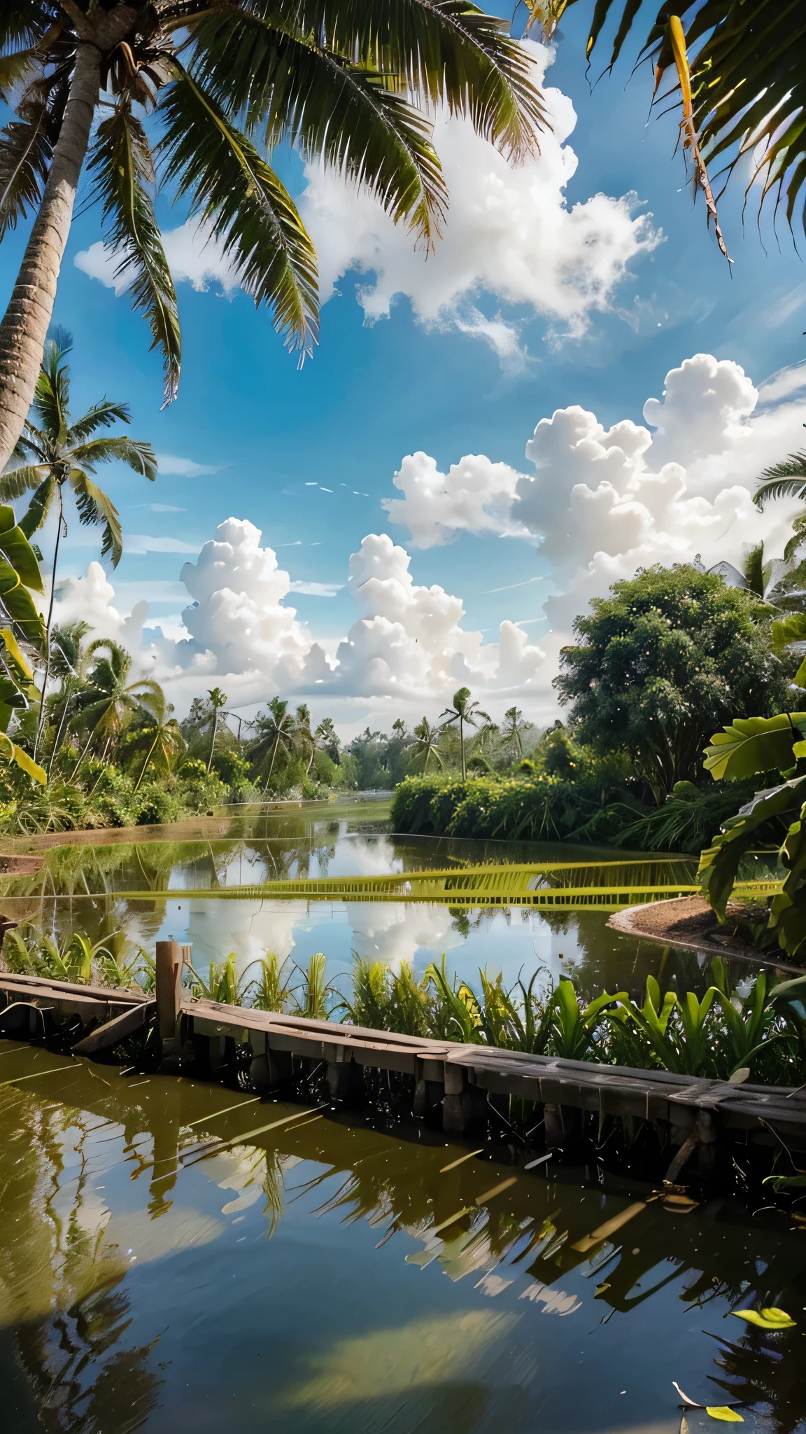 Create a hyperrealistic picture of a beautiful and enchanting view of coconut trees (coconut trees), banana trees (banana trees) on the edge of rice fields (rice fields), wooden fences on the edge of rice fields, small lakes with clear blue water, rivers, oil on rough canvas, textured scumbling technique
