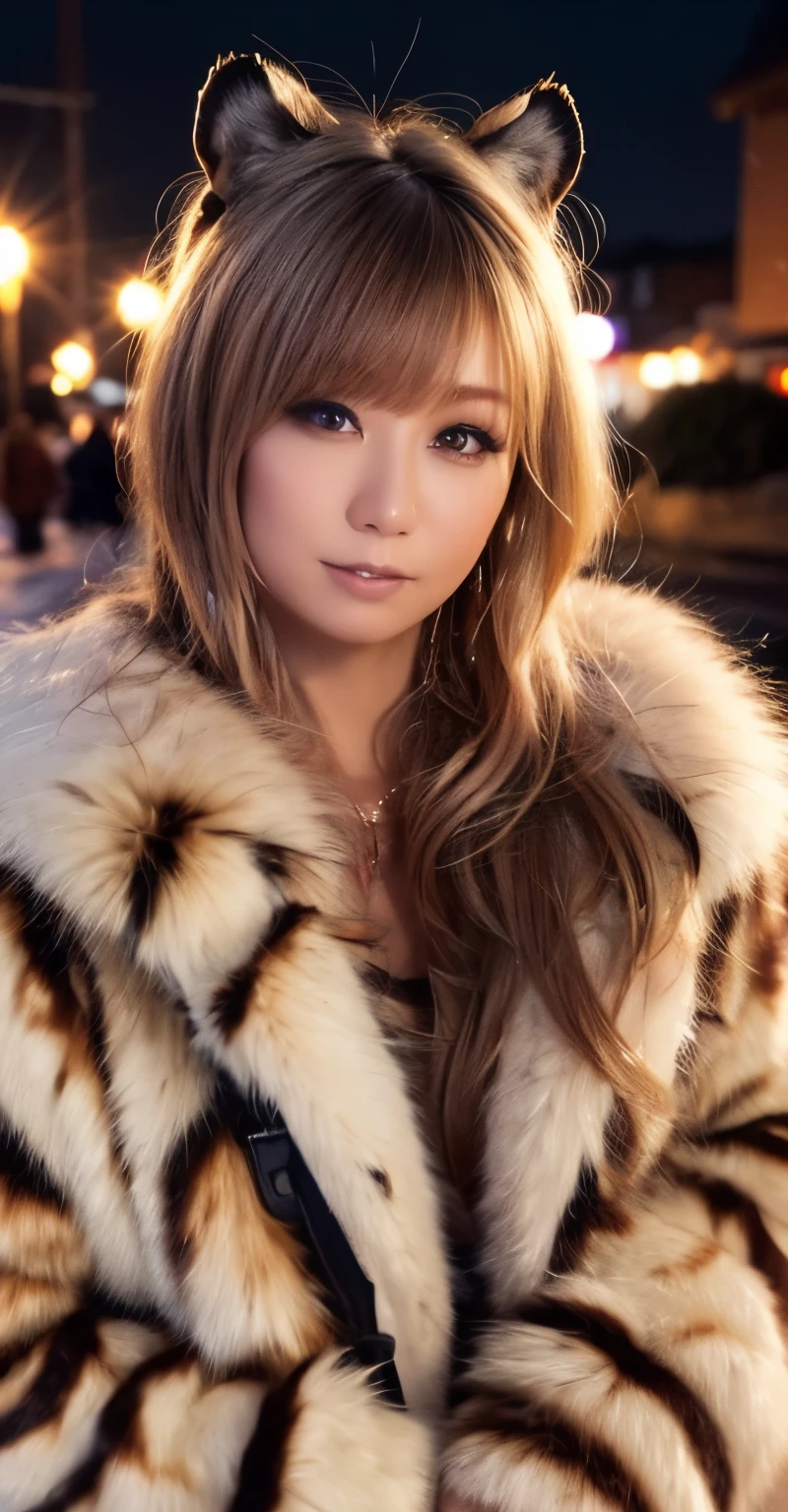 1girl in, (wear a Tiger fur coat:1.2), (Raw photo, Best Quality), (Realistic, Photorealsitic:1.4), masutepiece, Extremely delicate and beautiful, Extremely detailed, 2k wallpaper, amazing, finely detail, the Extremely Detailed CG Unity 8K Wallpapers, Ultra-detailed, hight resolution, Soft light, Beautiful detailed girl, extremely detailed eye and face, beautiful detailed nose, Beautiful detailed eyes, Cinematic lighting, Illuminations coloring the city on a snowy night, Snowy landscape, It's snowing, There&#39;s snow in my hair, Perfect Anatomy, Slender body, Taut, 
Straight semi-long hair, Bangs, Looking at Viewer, A slight smil