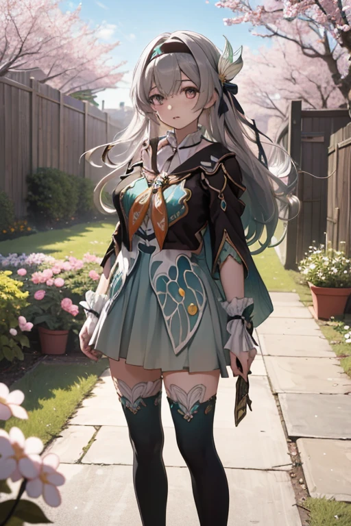 masterpiece,Highest quality,High resolution,Very detailed,(encounter_Audience:1.1),alone,One girl,Small breasts,Are standing,Outdoor,garden,Cherry Blossom,wood,whole body,fire Fly,Black hair band,Long Hair,Grey Hair,Jacket,Orange neckerchief,Knee socks,