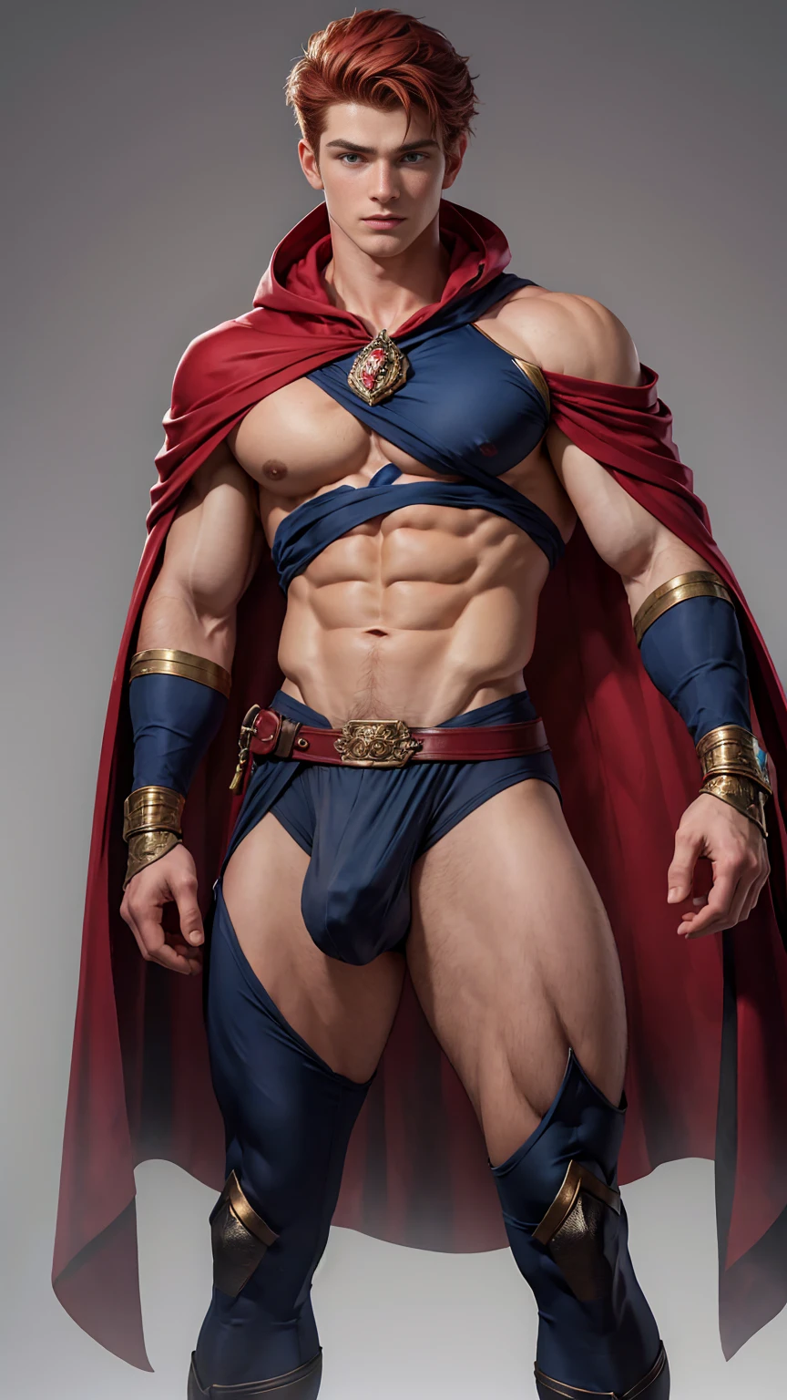 best quality , masterpiece, male,(best quality, ultra detailed), work of art, high resolution, 4k, official art, Character design, Original art character design, Young man aged 16, athletic body, medium red hair, blue eyes, wearing noble clothes, with a half-shoulder cape, from the front, high detail background., big bulge, big bulge, large bulges in the ,