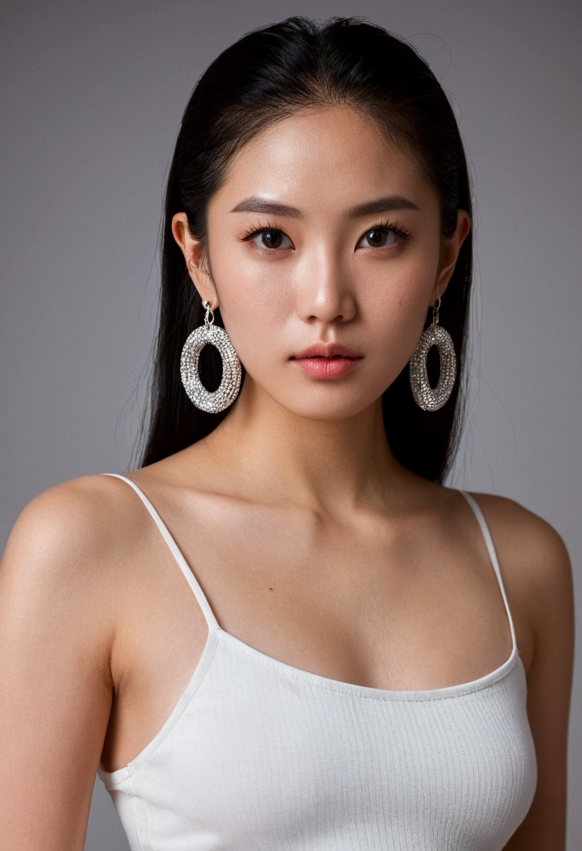 masterpiece, best quality, solo, 1girl, luminous skin, hoop earrings, glamorous, whimsical details, slicked hair, mesmerizing, bare shoulder, crop top, long pants, shallow depth of field, contrapposto, professional model, face front, portrait japan asian girl, adult girl, black hair, loose hair, full face looks into the camera, full face, eyes looks into camera, (neutral expression) bad girl face, studio lighting, masterpiece, best quality, solo, 1girl, luminous skin, ultra textured skin, hoop earrings, ultra glamorous, whimsical details, slicked hair, mesmerizing, bare shoulder, white crop top, white long pants, shallow depth of field, contrapposto, professional model, face front, portrait, white background