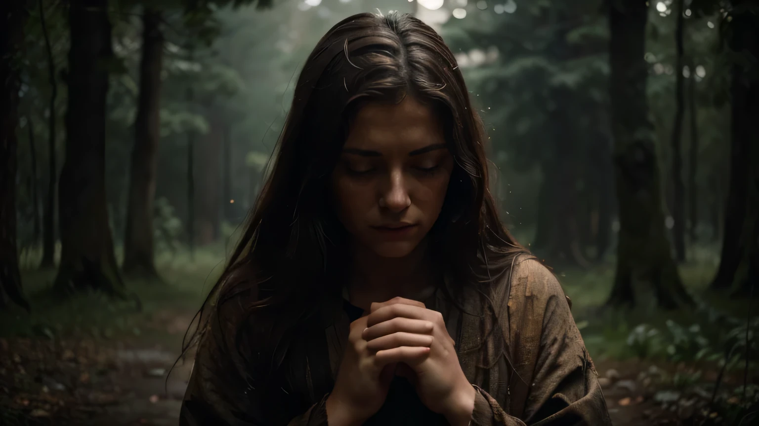 Sad beautiful girl praying on her knees, crying, with blue eyes, dressed in old worn brown clothes, 1st century AD, in rain in forest, dramatically poor lighting (best quality, 8k, high resolution, masterpiece : 1.2),ultra-detailed,(realistic,photorealistic,photorealistic:1.37),hyperrealistic,dramatic mood,melancholic,chiaroscuro lighting,emotive,emotional,religious,spiritual,temperamental,somber,cinematic,digital painting