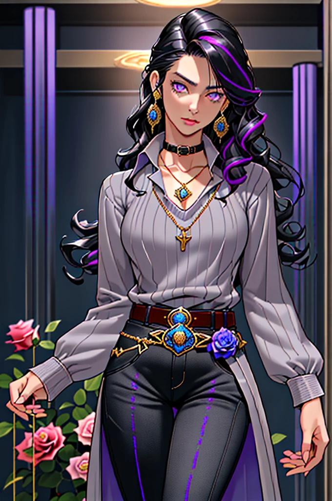 solo,woman,human female, 1girl,((black hair, long hair, curly hair)), (fair skin), young adult, slender body, Purple eyes, blue pupils, detailed hair, detailed face, detailed eyes, detailed sweater, grey sweater, sheathed, rapier, tight shirt, long sleeve shirt, full body, skin-tight pants, collar, flower accents on earrings, blue roses, flower earrings, button up shirt, necklace, gold trim collar, Purple highlights, grand fantasy hall,(masterpiece,high quality, hi res, 8k hd),close-view portrait, looking at viewer, night, indoor, standing, poose belt buckle, pants,