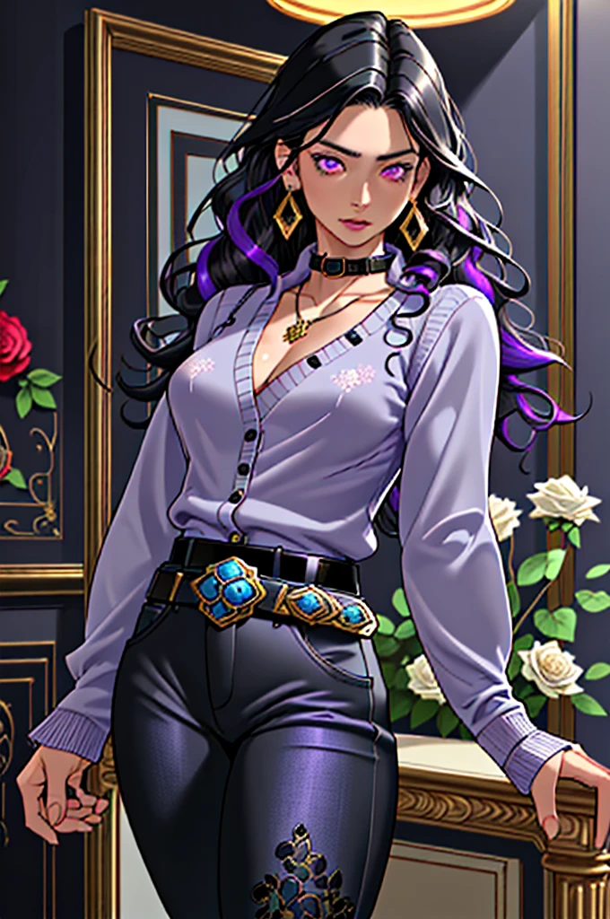 solo,woman,human female, 1girl,((black hair, long hair, curly hair)), (fair skin), young adult, slender body, Purple eyes, blue pupils, detailed hair, detailed face, detailed eyes, detailed sweater, grey sweater, sheathed, rapier, tight shirt, long sleeve shirt, full body, skin-tight pants, collar, flower accents on earrings, blue roses, flower earrings, button up shirt, necklace, gold trim collar, Purple highlights, grand fantasy hall,(masterpiece,high quality, hi res, 8k hd),close-view portrait, looking at viewer, night, indoor, standing, poose belt buckle, pants, 