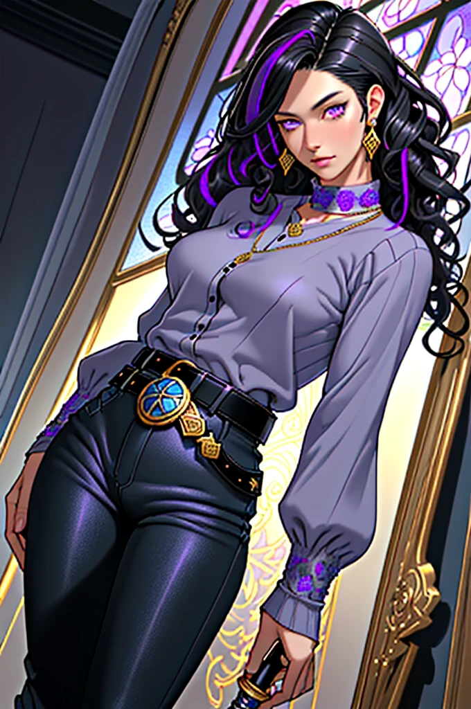 solo,woman,human female, 1girl,((black hair, long hair, curly hair)), (fair skin), young adult, slender body, Purple eyes, blue pupils, detailed hair, detailed face, detailed eyes, detailed sweater, grey sweater, sheathed, rapier, tight shirt, long sleeve shirt, full body, skin-tight pants, collar, flower accents on earrings, blue roses, flower earrings, button up shirt, necklace, gold trim collar, Purple highlights, grand fantasy hall,(masterpiece,high quality, hi res, 8k hd),close-view portrait, looking at viewer, night, indoor, standing, poose belt buckle, pants,