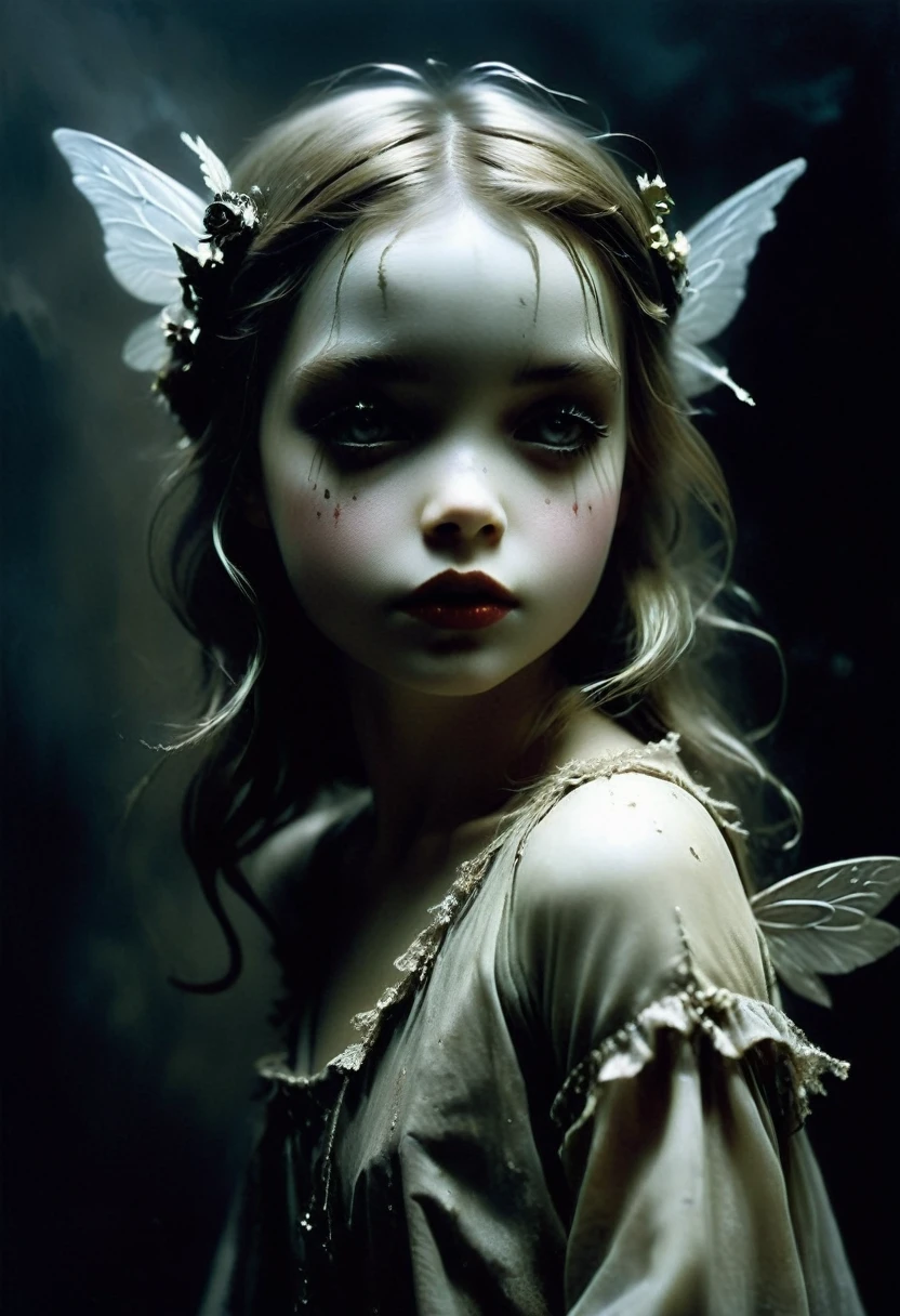 fairy-tale girl made of wax in the style of Ashley Wood. Stephen Gammell. Frank Frazetta. masterpiece. Best quality. A beautiful cinematic impressionistic painting. Dark times, gothic. Chiaroscuro.