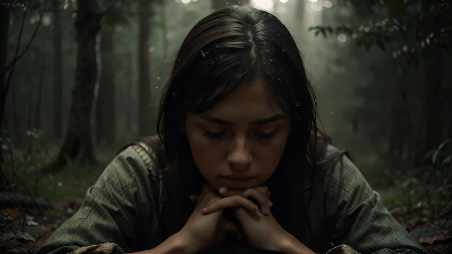 Sad beautiful girl praying on her knees, crying, with blue eyes, dressed in old worn brown clothes, 1st century AD, in rain in forest, dramatically poor lighting (best quality, 8k, high resolution, masterpiece : 1.2),ultra-detailed,(realistic,photorealistic,photorealistic:1.37),hyperrealistic,dramatic mood,melancholic,chiaroscuro lighting,emotive,emotional,religious,spiritual,temperamental,somber,cinematic,digital painting