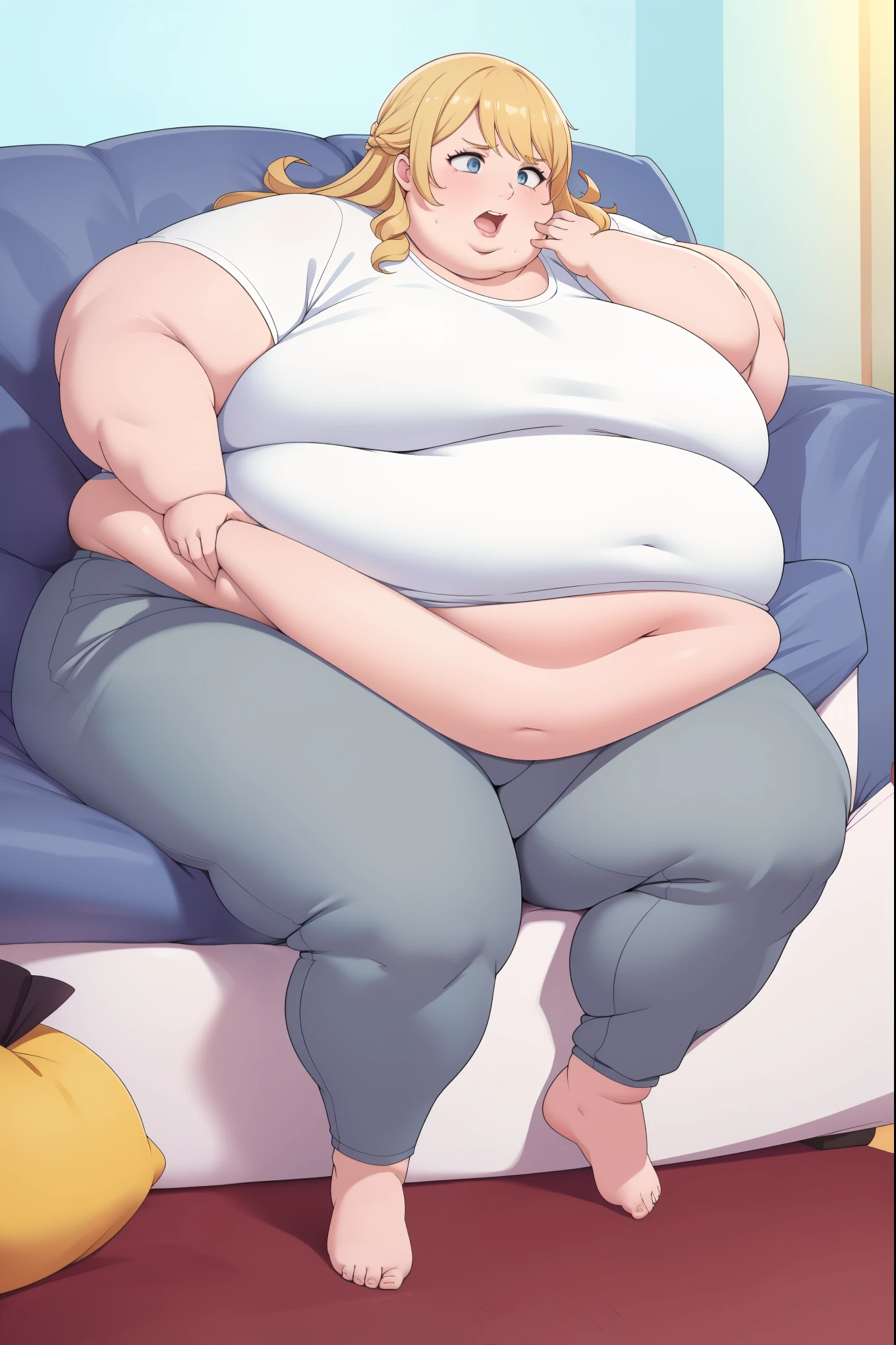 (Morbidly obese:1.0)Solo, middle aged female, 1girl navia, white tshirt, gray sweatpants, stained clothing, looking at viewer, living room , open mouth, exhausted, burping, Round face, double chin, fat chin, fat cheeks, fat neck, round face, SSBBW, flabby arms, round face, double chin, fat double chin, big double chin, fat neck, chubby cheeks, fat thighs, fat calves, morbidly obese, flabby , giant , large belly, obese, fat face, belly, double chin, obesity, flabby breasts, fat arms and legs, fat everything, sitting on couch, fancy living room, long blonde hair